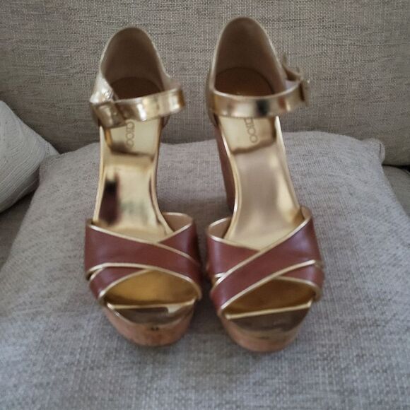 Jimmy Choo Brown/Metallic Gold Leather Pape Mirrored Cork Wedge Sandals Size 7 - Picture 12 of 16
